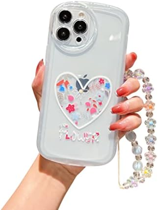Прозрачен калъф Hosgor за iPhone 14 Pro Max, Симпатичен калъф във формата на Сърце с Цветна каишка и защита на обектива