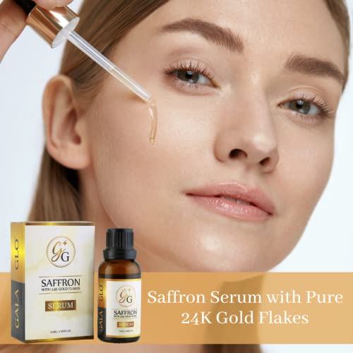 Серум GalaGlo Pure Skincare Saffron с 24-каратными златни везни, Интензивно овлажняване + Естествена хидратация, Намалява Тъмните