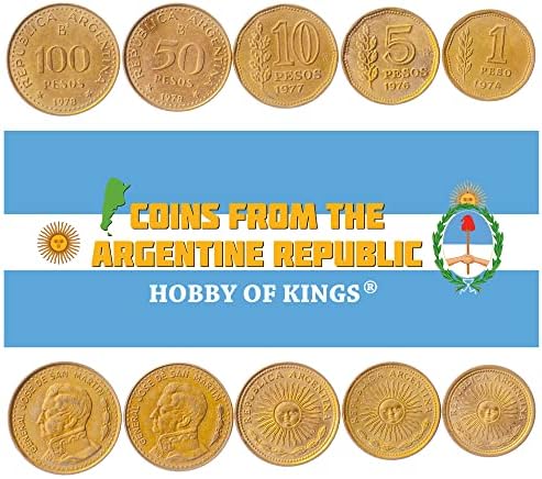 5 Монети от Аржентина | Колекция от аржентински монети 1 5 10 50 100 Песо | В обращение 1974-1981 | Зърно клонче | Хосе