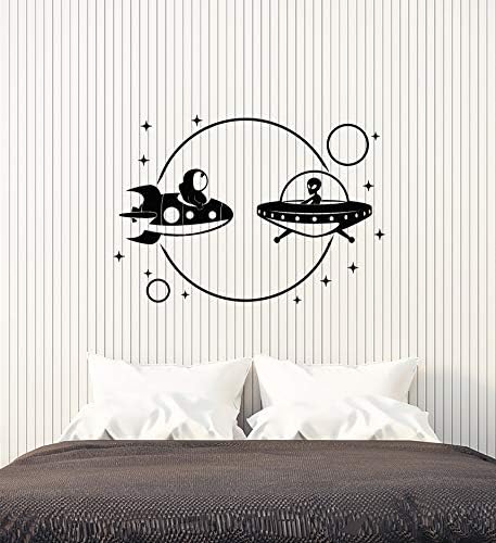 Vinyl Стикер На Стената Карикатура Астронавт Един Космически Кораб Космически Етикети за Детска стая (3847ig)