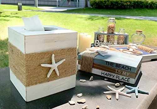 SOMTO Beach Селски Квадратна Кутия за Салфетки от Бяло Дърво с капак и Комплект от 3 Плажни Стенни Декорации