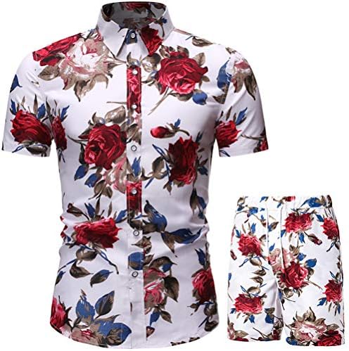 KISSQIQI/ Мъжки Спортен Костюм с цветен Модел, Риза от 2 теми, Ежедневни Хавайски Еднакви Ризи с Къс ръкав и Панталони, Комплекти