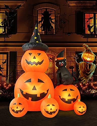 Надуваеми украса за Хелоуин HOPOCO 6 фута, Зловеща Призрачная Тиква с подсветка и Котка Вещици, Украса за Хелоуин,
