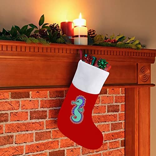 Коледни Чорапи с Морски Коне от Червено Кадифе, с Бял Пакет шоколадови Бонбони, Коледни Декорации и Аксесоари за вашето семейно Парти