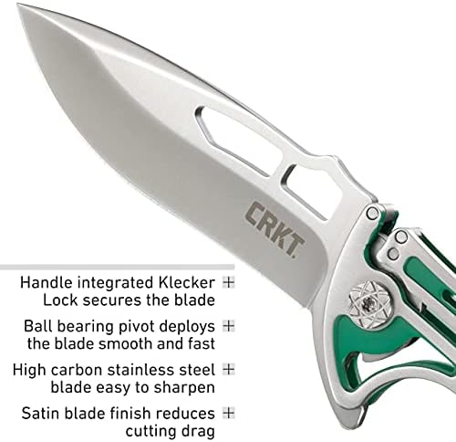 Сгъваем джобен нож CRKT NIRK Tighe EDC: Нож от неръждаема стомана, с гладък ръб, Сребристо-зелена дръжка от неръждаема