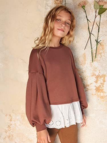LEWGEL / Модни блузи и жилетки за момичета, пуловер 2 в 1 с къдри хем за момичета (Цвят: кофейно-кафяво, Размер: