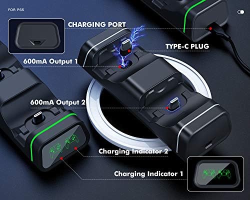Зарядно устройство TiMOVO за PS5, Xbox Series X/S, Xbox One/S/Core, контролер Switch Pro, Зарядно с два USB контролери, Станция за бързо зареждане, Портативна докинг станция за зареждане с led