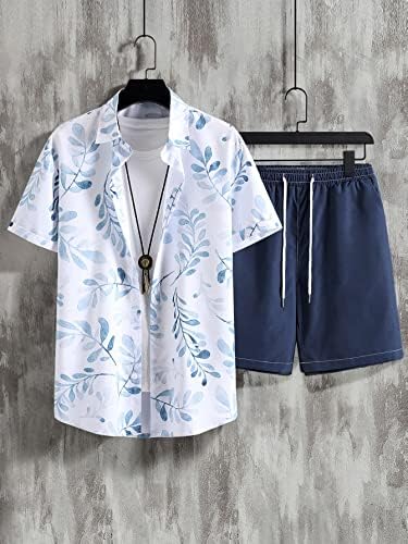 Мъжки дрехи LUBOSE от две части, Мъжка Риза и къси панталони с растително принтом без тениски (Цвят: синьо и бяло, Размер: малък)