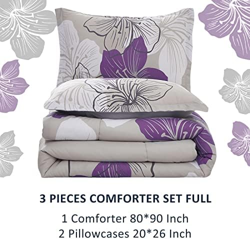 Комплект цвете одеяла Menghomeus от 3 теми с лилаво цветен печат на сив фон, Комплект спално бельо от ультрамягкой микрофибър, лек комплект спално бельо в стил бохо за це?