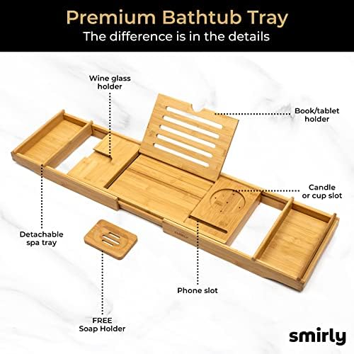 Бамбуков поднос за баня SMIRLY с възможност за разширение: Бамбуков поднос за вана със стойка за книги, Бамбук Тава