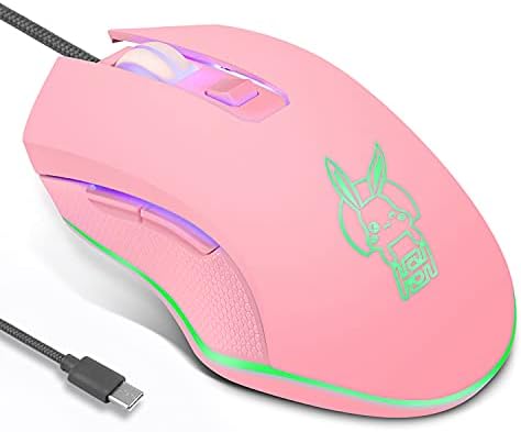Жичен детска мишката Huifen USB C, Тихи игри на мишката RGB, 7 Цвята с подсветка, 2400 точки на инч, детска жичен мишката