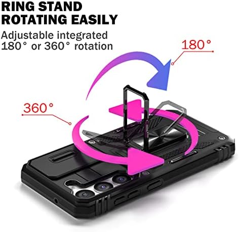 Калъф Jasmeas за Samsung Galaxy S23 5G с плъзгаща камера и защитно фолио за екрана [2], [Околовръстен поставка с възможност за завъртане на 360 °], Удароустойчив, Защитен твърд калъф