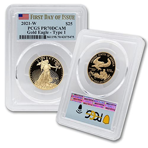 Монета 2021 година от злато с разбивка по 1/2 унция Американски орел на PR-70 с дълбока камеей (Етикет с флага - на Първия ден от освобождаването - от Тип 1) 22 хиляди $ 25 PR70DCAM P