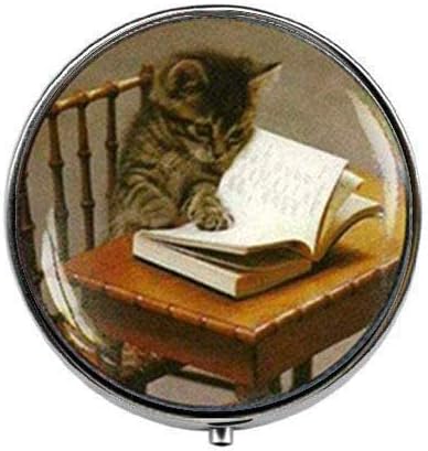 Котка Книга За Четене Книга, котка Любител на Книги Писател Подарък Учител - Художествена Кутия За Хапчета с Фотография - Очарователната малка кутийка За Хапчета - С