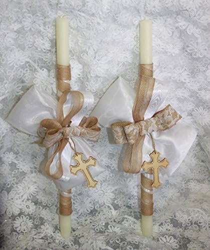 FavorOnline Гръцки Свещи от естествена Чул, Свещи за Ламбаты на Сватба/Кръщене или Ламбады - Комплект от 3 Свещи Ламбата/Ламбада