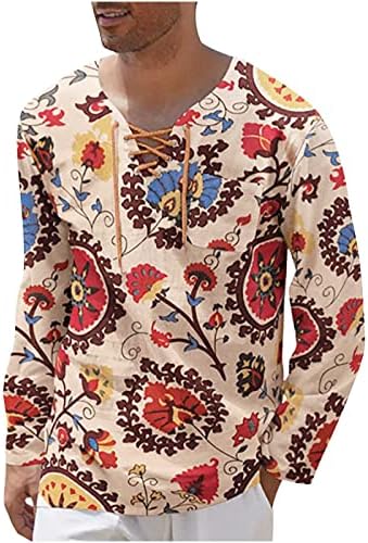 Мъжки Ризи Хенли с Дълги Ръкави, Есенна Тениска с Етнически Принтом, дантела, С кръгло деколте, Пуловер, Блуза,
