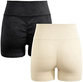 Дамски Байкерские Шорти QINSEN от 2 опаковки с Висока Талия, Безшевни къси Панталони за Йога с контрол на корема в рубчик
