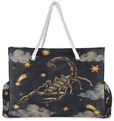 Плажна Чанта ALAZA, Плажна Чанта със Зодиакален Знак Скорпион, Акварел през Рамо с Дръжки от Памучни Въжета