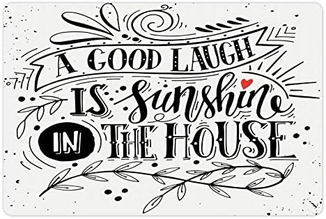 Ретро мат Ambesonne за домашни за храна и вода, Вдъхновяващи Щастливи думи на фона в стил гръндж Laugh is Sunshine, с Правоъгълна
