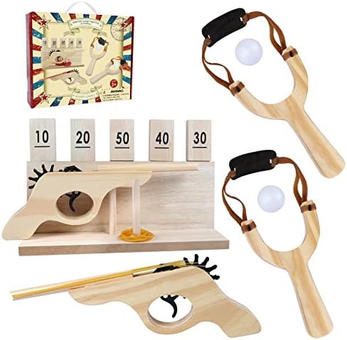 Gonoelec Дървен Пистолет с няколко снимки с ластик, Дървени Прашка, Играчка, на Дървена Поставка за Целта с Цифрите за деца