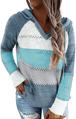 QACOHU Дамски Пуловери с Цветен Блок, Выдалбливают Блузи с дълъг Ръкав и Завязками, Пуловери