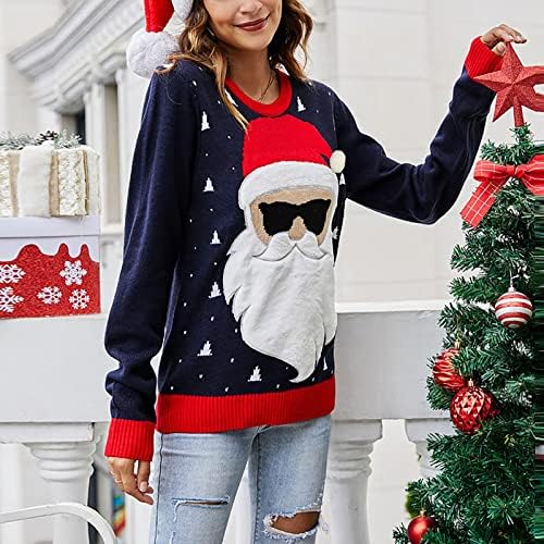 Дамски Коледни Пуловери, Модерен Сладък Пуловер с кръгло деколте на Дядо Коледа, Свободен Пуловер