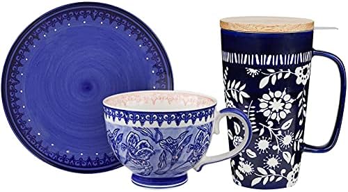 Керамична Чаша за заваряване на Taimei Teatime + Комплект Сини Кафеени чаши и Блюдец, Набор от Кафе Чаши и Чинии обем 14.5